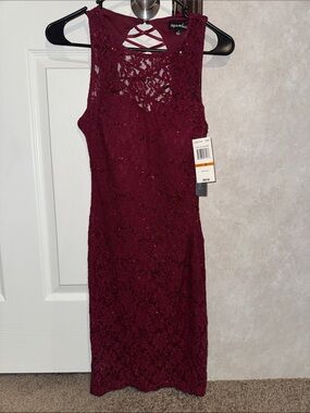 Sequin Hearts Burgundy Lace Midi Dress with Crisscross Back
